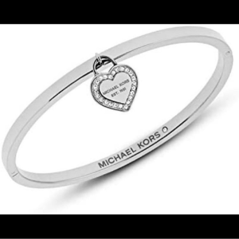 Michael Kors Silver Heart Charm Hinged Bangle Bracelet Pavé Crystal NWT - Picture 2 of 4